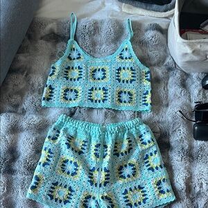 Crochet Tank and Shorts Set in Blue and Green bottoms are s/m top is m/l